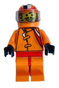 Racer Driver Minifigure - Driver of car 56, wearing an orange helmet with orange checkered design - rac017