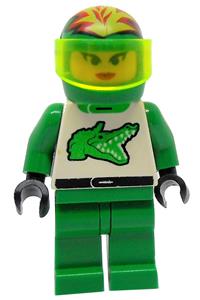 Female Racer Minifigure - Driver with green alligator pattern, wearing a plain helmet - rac020
