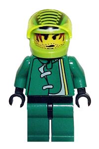 Racer Driver Minifigure - Driver with green jacket and lime helmet with black stripes/white checks - rac021