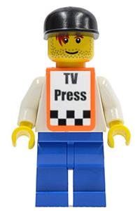 F1 Cameraman Minifigure - Cameraman minifigure with red hair wearing an orange vest with stickers - rac028s