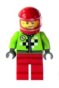 Lime Jacket with Wrench and Black and White Checkered Pattern, Red Legs, Red Helmet, Trans-Black Visor rac054