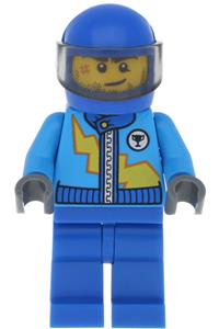 Racer Minifigure - Racer wearing a dark azure race jacket with zipper and yellow lightning bolt pattern, blue helmet, and trans-black visor - rac055