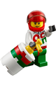 Race car driver in a white Octan race suit with a silver zipper, red helmet with trans-black visor, crooked smile, and stubble beard - rac059