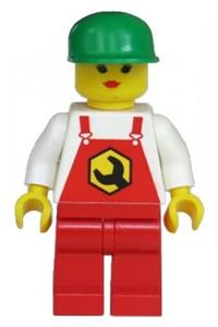 Repair Worker Minifigure - Female repair minifigure with red overalls featuring a wrench pattern, red legs, and a green cap - rep002