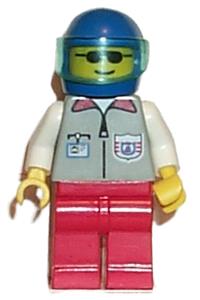 Coast Guard Officer Minifigure - Coast Guard 1 with red legs wearing a blue helmet and a trans-light blue visor - res004