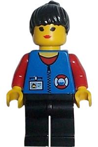 Coast Guard Officer Minifigure - City Center Coast Guard with red collar and arms, black legs, and black ponytail hair - res010