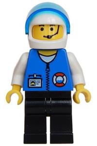 Coast Guard Officer Minifigure - City Center Coast Guard with white collar, white arms, and a white helmet with a trans-dark blue visor, holding a microphone - res011