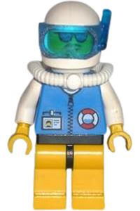Coast Guard Officer Minifigure - City Center Coast Guard with white collar and arms, yellow legs, black hips, helmet, scuba tank, and sunglasses - res012