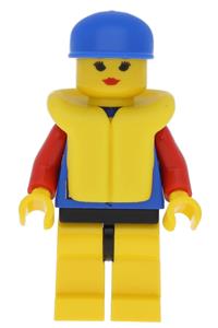 Coast Guard Officer Minifigure - City Center Coast Guard with red collar and arms, yellow legs with black hips, wearing a blue cap and life jacket - res013