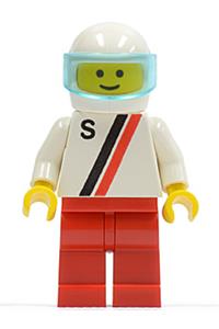 Driver Minifigure - Motor driver/racer with 'S' white with red / black stripe jacket, red legs and white helmet with trans-light blue visor - s001