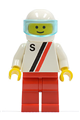 Motor driver/racer with 'S' white with red / black stripe jacket, red legs and white helmet with trans-light blue visor - s001
