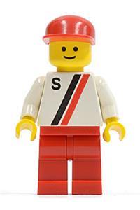 Motor driver/racer with 'S' white with red / black stripe jacket, red legs and red cap s002