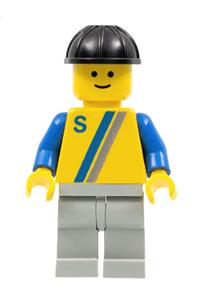 Horse Driver Minifigure - Motor driver/racer with 'S' white with red / black stripe jacket, light gray legs and black construction helmet - s003