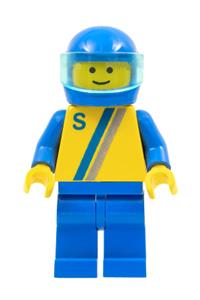 Motor driver/racer with 'S' white with red / black stripe jacket, blue legs and blue helmet s004