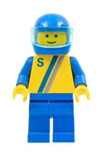 Driver Minifigure - Motor driver/racer with 'S' white with red / black stripe jacket, blue legs and blue helmet - s004