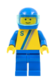 Motor driver/racer with 'S' white with red / black stripe jacket, blue legs and blue helmet - s004