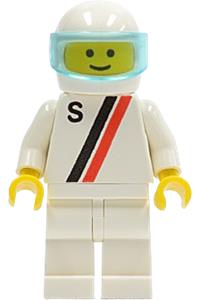 Driver Minifigure - Racer with a white helmet and trans-light blue visor, 'S' white with red/black stripe jacket, and white legs - s006