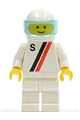 Motor driver/racer with 'S' white with red / black stripe jacket, white legs and white helmet with trans-light blue visor - s006