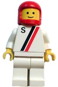 Motor driver/racer with 'S' white with red / black stripe jacket, white legs and red classic helmet s007