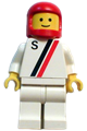 Motor driver/racer with 'S' white with red / black stripe jacket, white legs and red classic helmet - s007