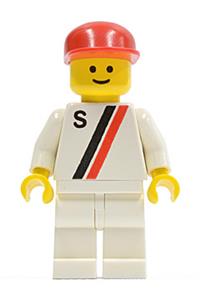 Motor driver/racer with 'S' white with red / black stripe jacket, white legs, and red cap s008