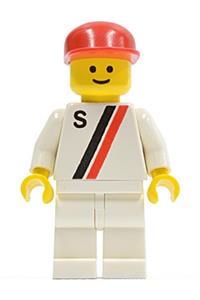 Driver Minifigure - Racer with a red and black stripe jacket, white legs, and a red cap - s008