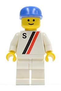 Driver Minifigure - Motor driver/racer with 'S' white with red / black stripe jacket, white legs and blue cap - s009