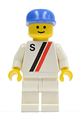 Motor driver/racer with 'S' white with red / black stripe jacket, white legs and blue cap - s009