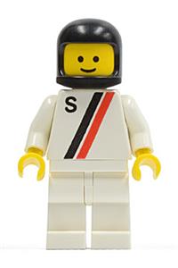 Race Driver Minifigure - Motor driver/racer with 'S' white with red / black stripe jacket, white legs and black Classic Helmet - s010