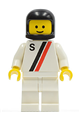 Motor driver/racer with 'S' white with red / black stripe jacket, white legs and black Classic Helmet - s010