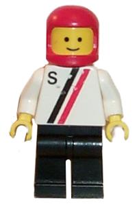 Motor driver/racer with 'S' white with red / black stripe jacket, black legs and a red classic helmet s011