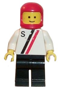 Driver Minifigure - Motor driver/racer with 'S' white with red / black stripe jacket, black legs and a red classic helmet - s011
