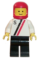 Motor driver/racer with 'S' white with red / black stripe jacket, black legs and a red classic helmet - s011