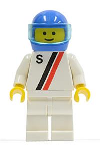 Motor driver/racer with 'S' white with red / black stripe jacket, white legs and blue helmet s012