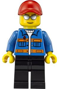 Race Official Minifigure - Minifigure with a blue jacket with pockets and orange stripes, black legs, red cap with hole, and silver sunglasses - sc010