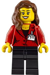 Press Woman / Reporter Minifigure - Reporter with reddish brown hair worn over shoulder, wearing black legs - sc011