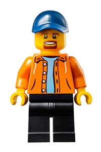 Race Official Minifigure - Race official with a dark blue cap, wearing an orange jacket and black legs - sc029