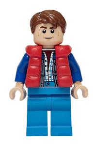 Marty McFly Minifigure - Marty McFly wearing a red puffer vest over a sand blue jacket with blue arms - sc138
