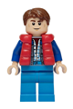 Marty McFly wearing a red puffer vest over a sand blue jacket with blue arms - sc138