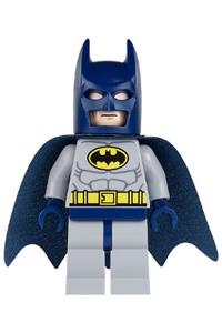 Batman with light bluish gray suit with yellow belt and crest, dark blue mask and cape sh025