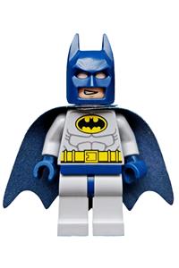 Batman Minifigure - Batman with light bluish gray suit with yellow belt and crest, dark blue mask and cape - sh025a