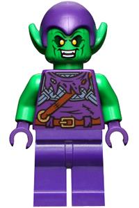 Green Goblin Minifigure - Green Goblin with bright green skin, dark purple outfit, small yellow eyes, and plain legs - sh0813