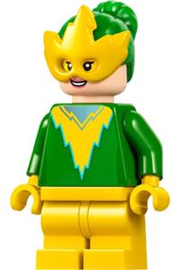Electro Minifigure - Electro with bright green torso and hair, wearing a yellow mask and medium legs - sh0951