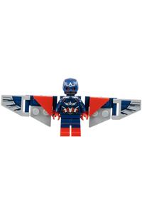 Captain America (Sam Wilson) - Sam Wilson as Captain America wearing a dark blue suit with a backpack and wings adorned with stickers - sh1003s