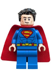 Superman Minifigure - Superman with a blue suit, spongy cape, tousled hair, closed mouth, and red eyes - sh1006