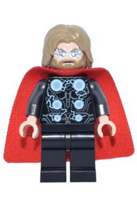 Thor Minifigure - Thor with dark tan tousled hair, wearing black legs and a spongy cape with a single hole - sh1014