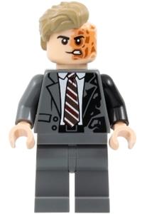 Two-Face Minifigure - Two-Face wearing a dark bluish gray suit and dark tan hair - sh1023