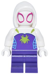 Ghost-Spider Minifigure - Ghost-Spider with dark purple medium legs, wearing a white basic smooth hood with lime spider logo - sh1024