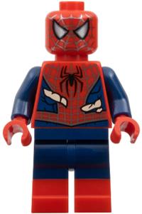 Spider-Man Minifigure - Spider-Man with dark blue arms and legs, red boots, silver webbing, and light nougat costume tears - sh1057