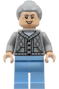 Aunt May Minifigure - Aunt May wearing a light bluish gray cardigan sweater and bright light blue legs - sh1058